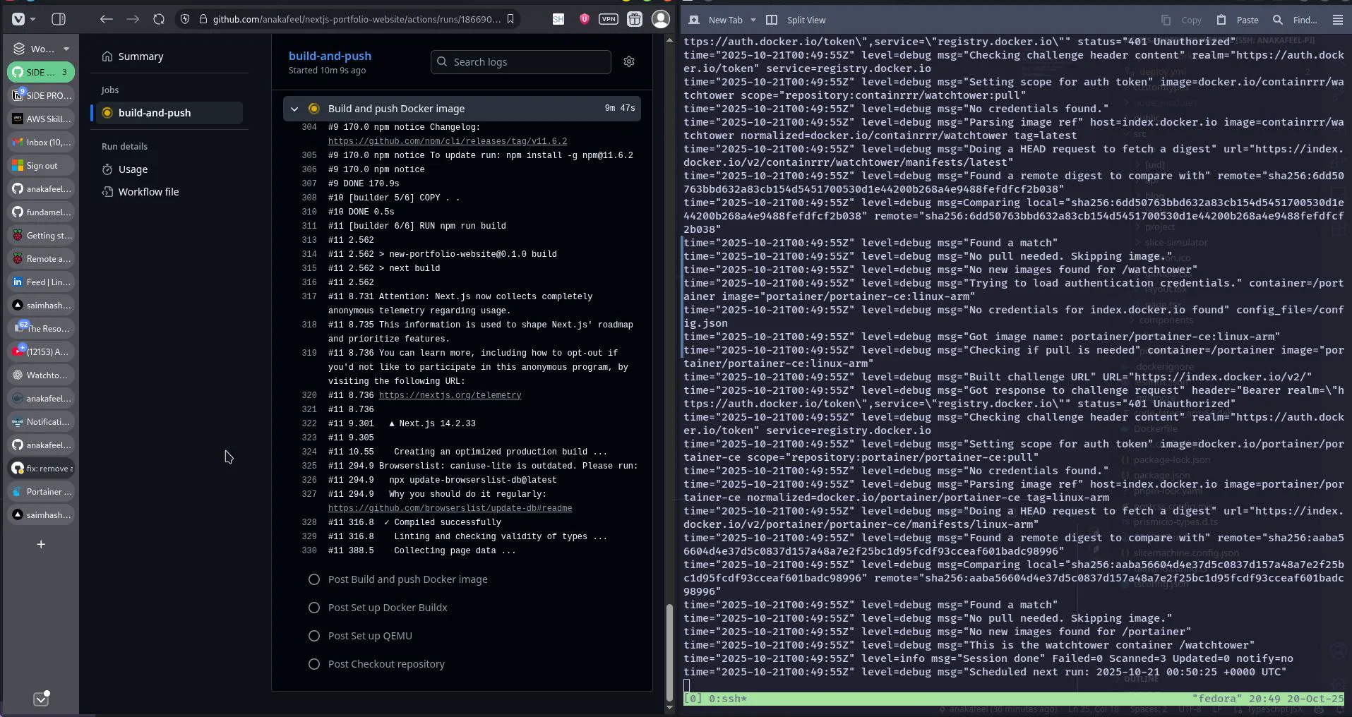 A GitHub Actions build-and-push Docker job next to Watchtower logs on the Pi