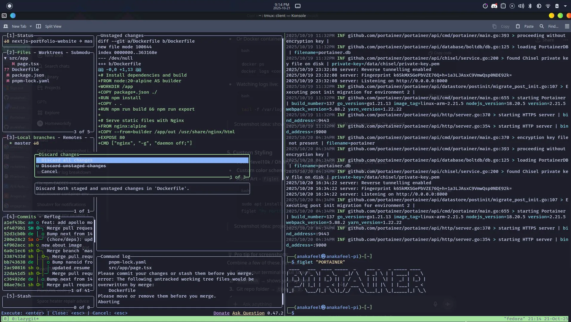 Terminal session with lazygit and Portainer server logs on the Pi