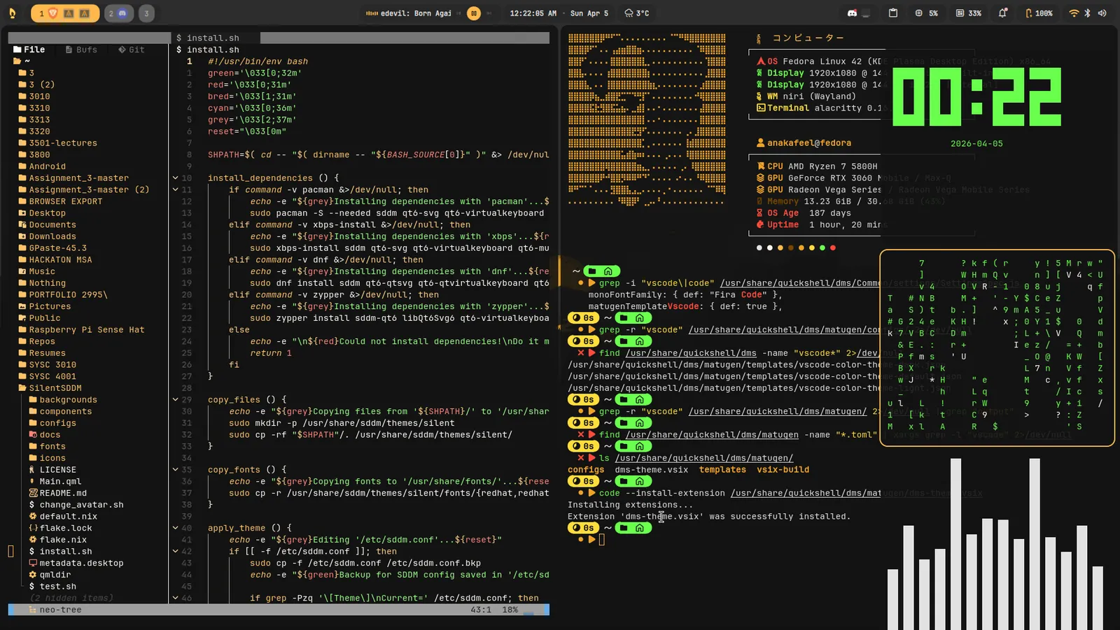 Neovim themed by matugen to match the wallpaper
